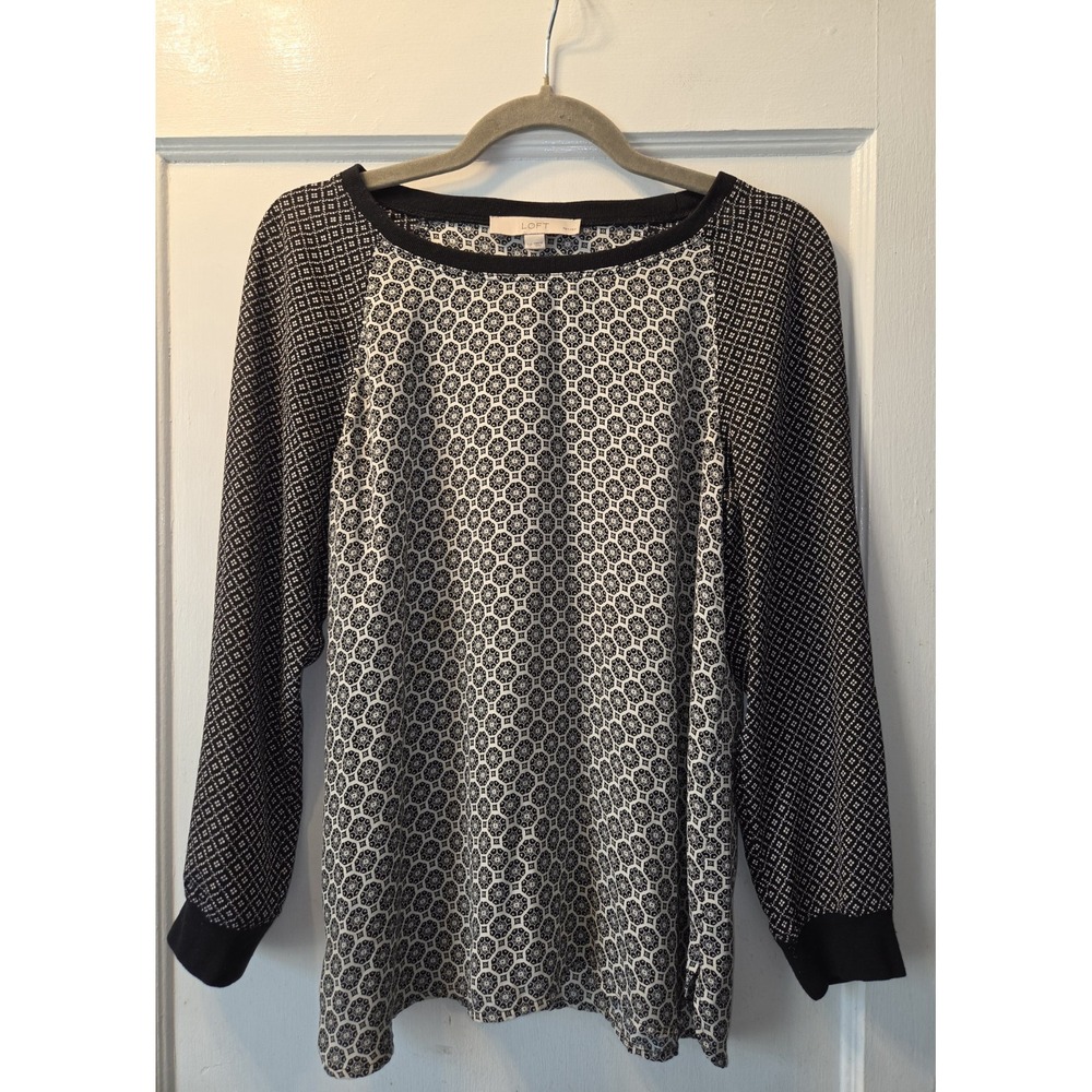 Ann Taylor Loft Petites Shirt Womens Black White Crew Neck Long Sleeve Small